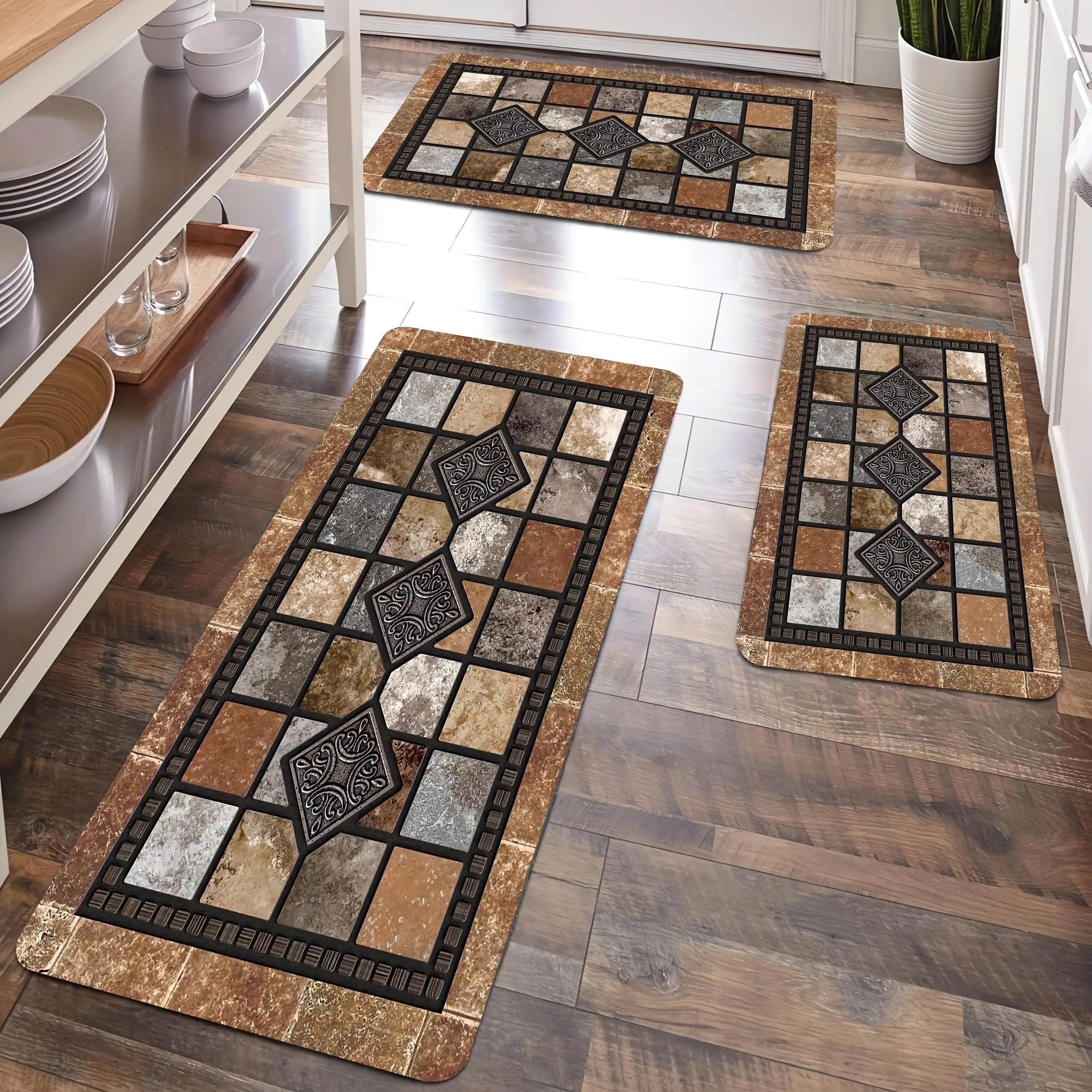

Redstone and Tile Pattern Soft Kitchen Rug Anti-slip Flannel Foot Mat Suitable for House Living Room Entrance Carpet Home Decor