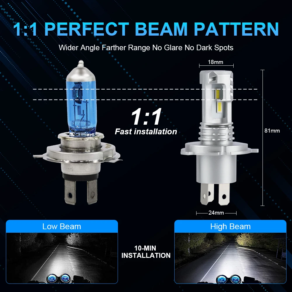 NLpearl 1PCS H4 LED Headlight Bulb CSP Fanless for Motorcycle Car 9003 HB2 LED Hi/Lo High and Low Beam Motorbike Headlamp 12V
