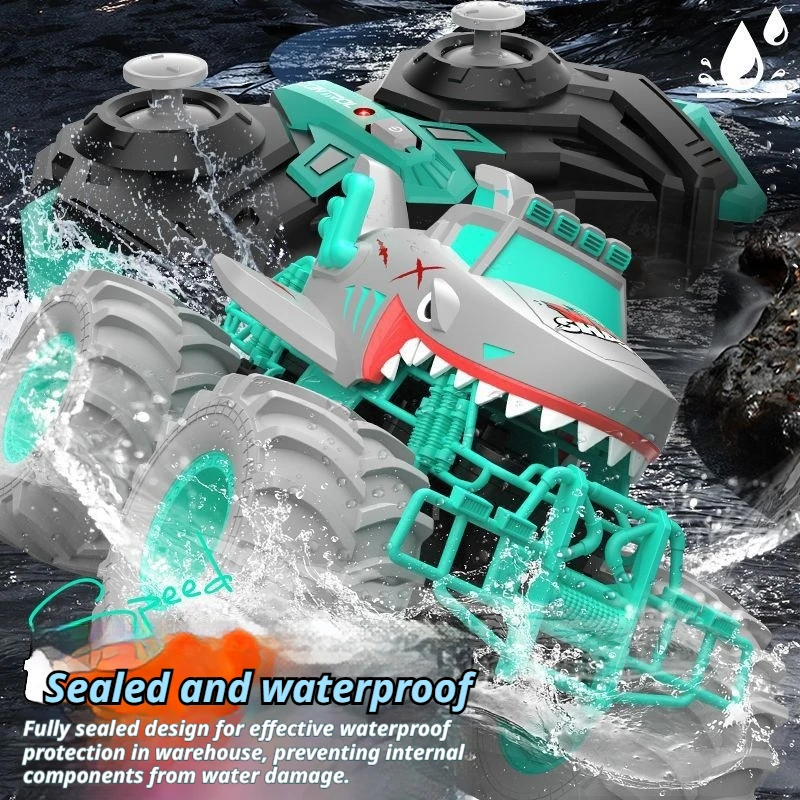 Camion monstre télécommandé pour enfants, étanche, 4 roues motrices, amphibie, voiture requin, Big Foot, Rock Crawler, jouet télécommandé pour les jeux en plein air et en eau