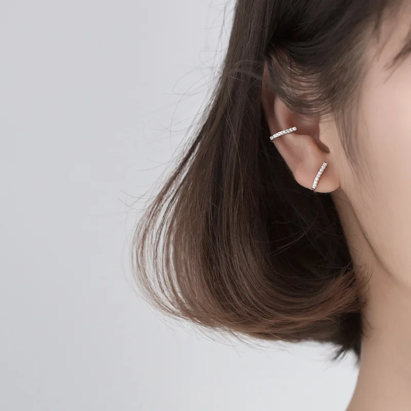 S925Sterling Silver Stud Earrings Literary Temperament Row Drill Line Ear Hooks Small Ear Bone Ear Clips Short Dainty Daily Wear