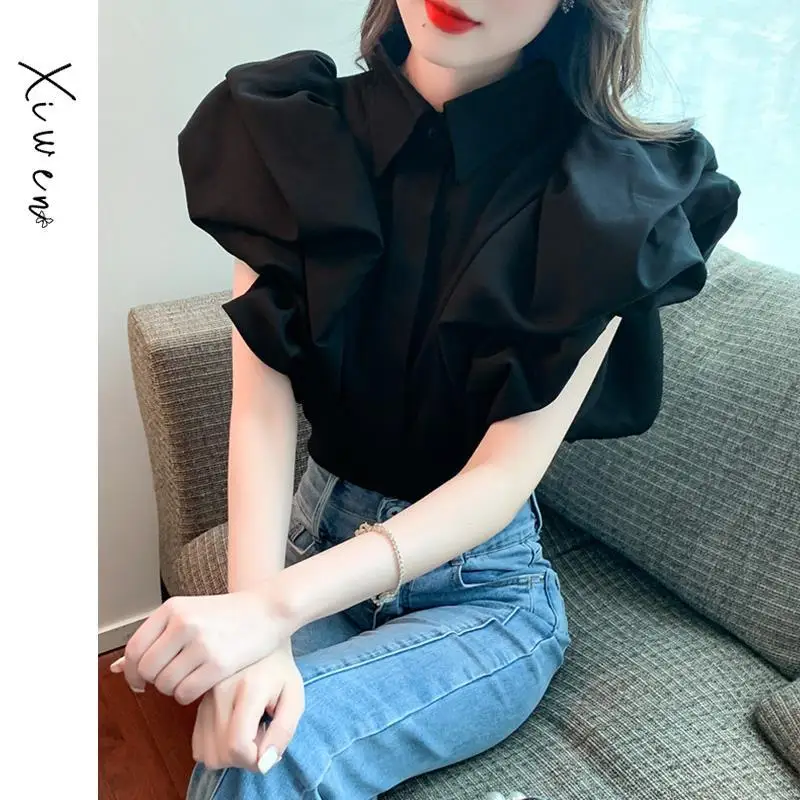 Vintage Polo Neck Black Button Blouse Summer New Short Sleeve Solid Color All-match Shirt Tops Fashion Sweet Women Clothing