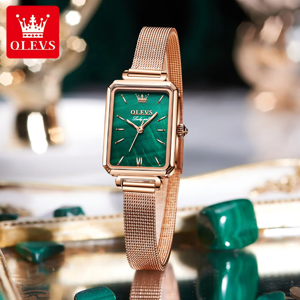 OLEVS-Relógio de quartzo impermeável feminino, relógio de pulso de luxo, pulseira de aço, relógios quadrados verdes, malha