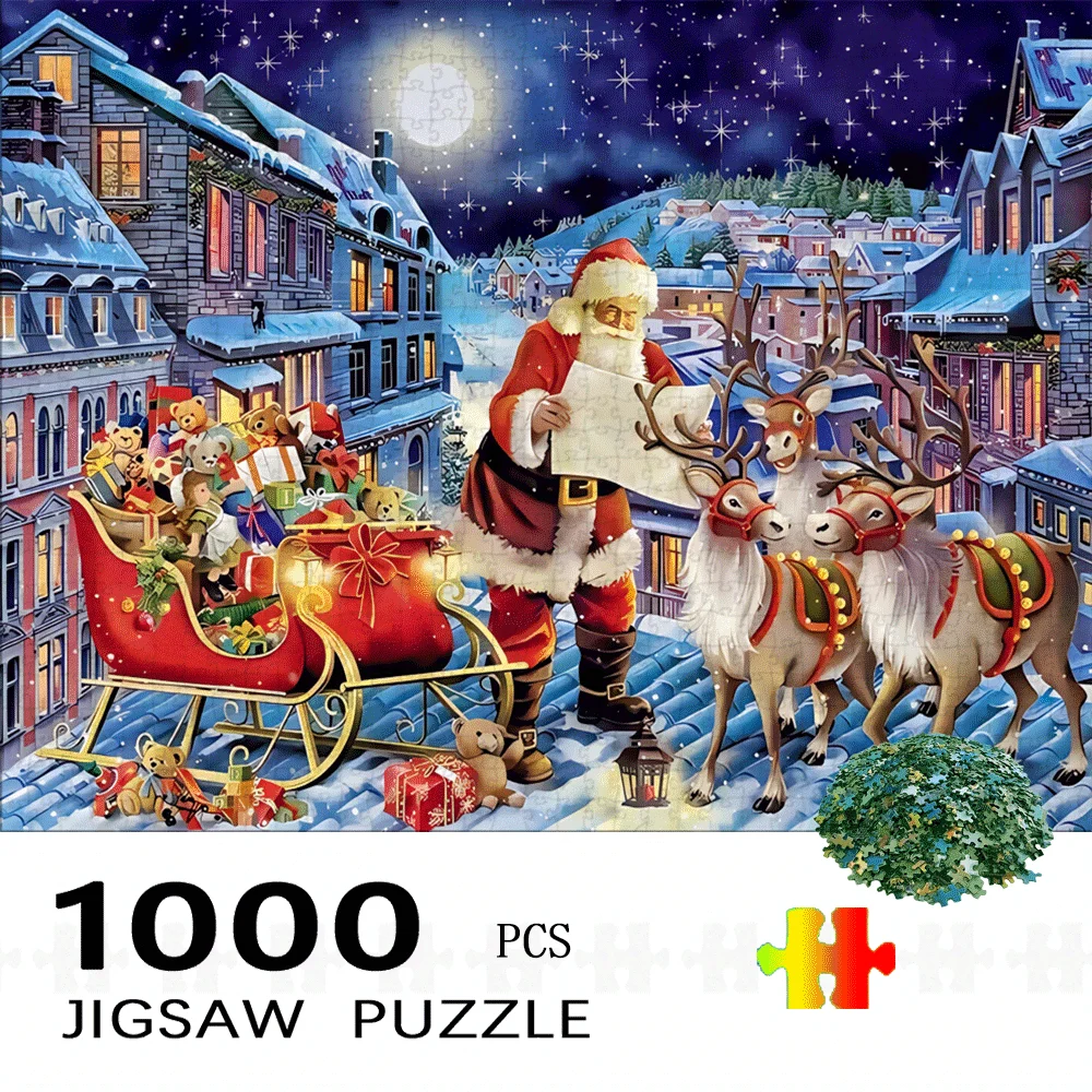

1000pcs Large Christmas Jigsaw Puzzle - Santa Claus & Reindeer Scene, Premium Paper Material, Festive DIY Home Decor Brain Tea
