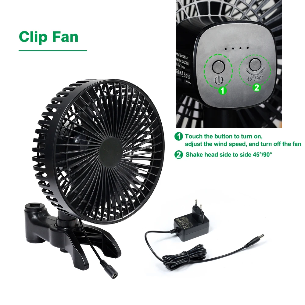 Plantenkas ventilator met clip-on bevestiging, 12W, kan worden aangesloten op een intelligente controller en snelheidsregelaar, tentkoelventilator.