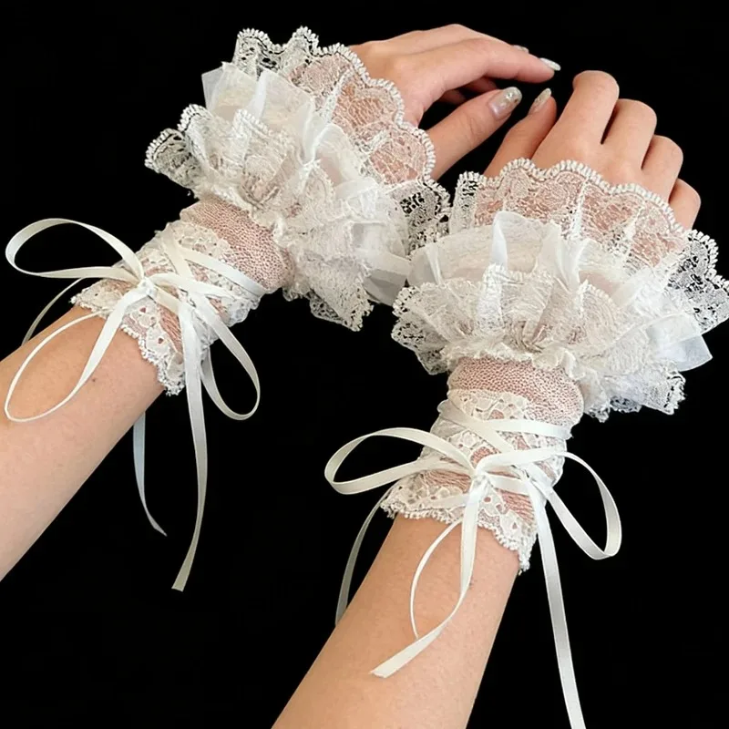Lolita Lace Arm Sleeves Adjustable Strap Bow Design Multi Layer Ruffle Polyester JK Ballet Sweet Girl Style Costume Accessories image 2