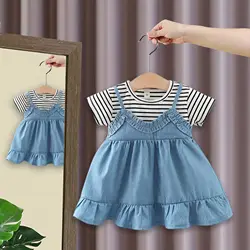 Summer newborn girl baby clothes infant striped denim patchwork dress costume for girl baby clothing 1st birthday dresses dress