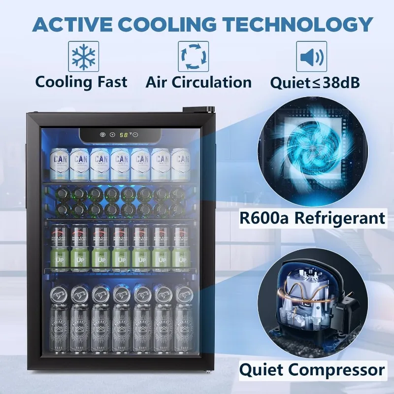 Joy Pebble Beverage Refrigerator Cooler 2.6 Cu.Ft, 95 Can Mini Fridge with Glass Door for Beer Drinks with Adjustable Thermostat