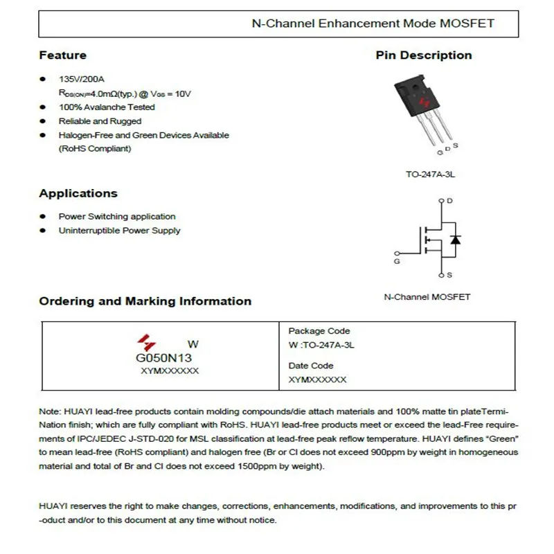 N-Channel Enhancement Mode MOSFET TO-247 135V 200A Power Switching Application New And Original 5pcs/Lot