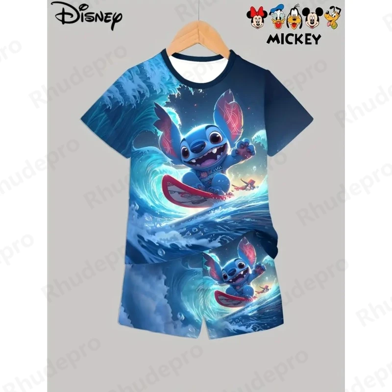 

Disney 2025 летняя мода Lilo & Stitch, футболка с 3D принтом и шорты, комплект с принтом, повседневная футболка с круглым вырезом, костюм