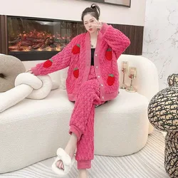 Pijama de terciopelo Coral grueso para mujer, conjunto de ropa de casa de franela cálida, elegante, se puede usar al aire libre, Invierno