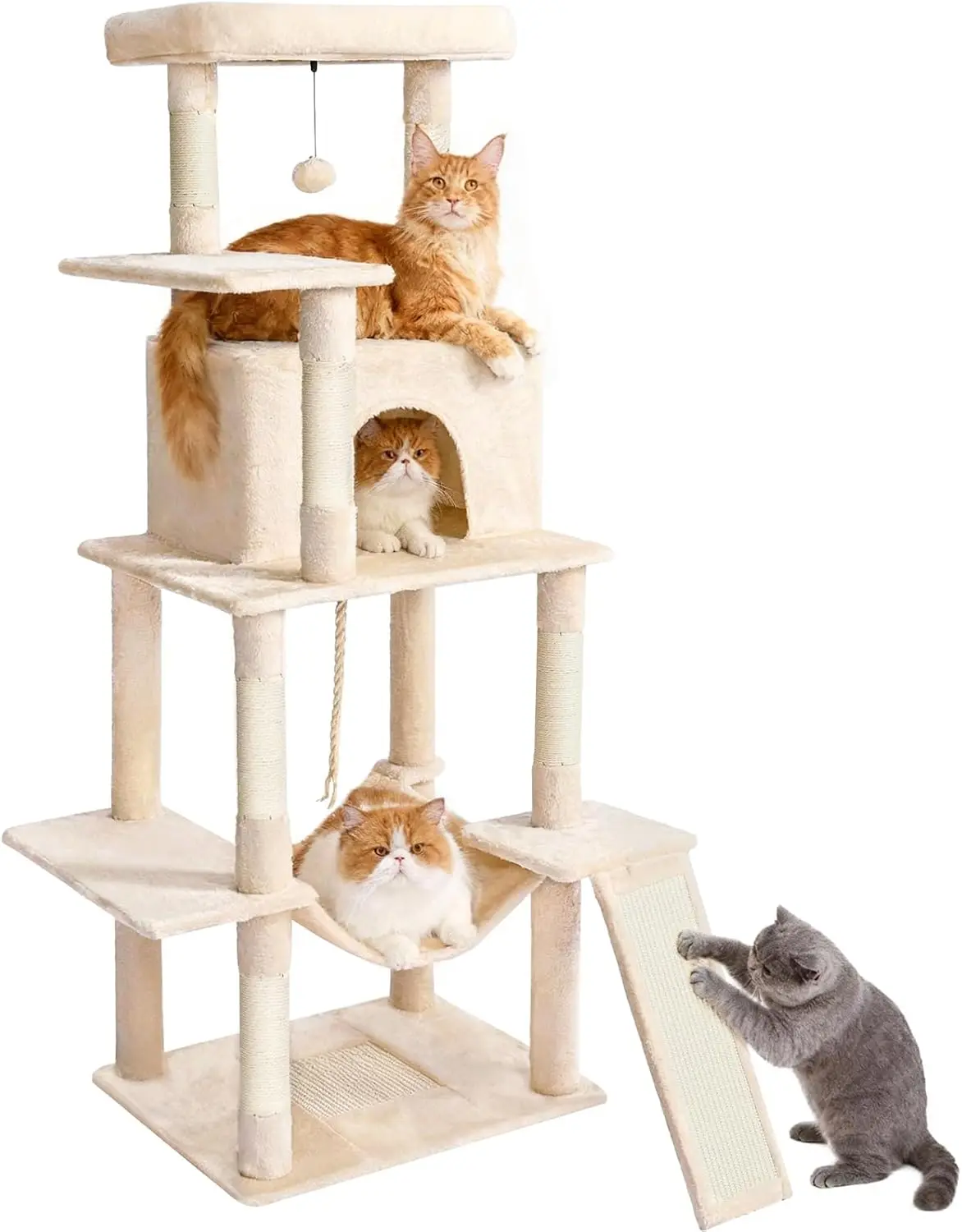 

Cat Tree Tower 63in Multi-Level Cat Tower for Indoor Cats with Sisal Scratching Posts, Condo, Hammock, Dangling Ball and