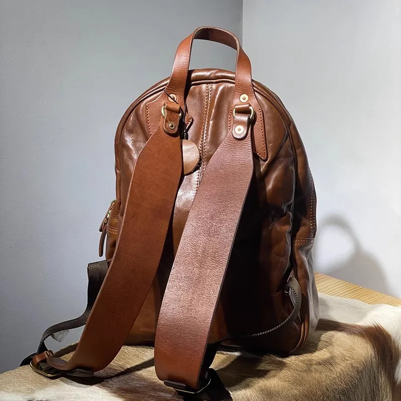 Simple vintage luxury genuine leather men\'s backpacks organizer designer outdoor casual travel real cowhide women\'s schoolbag