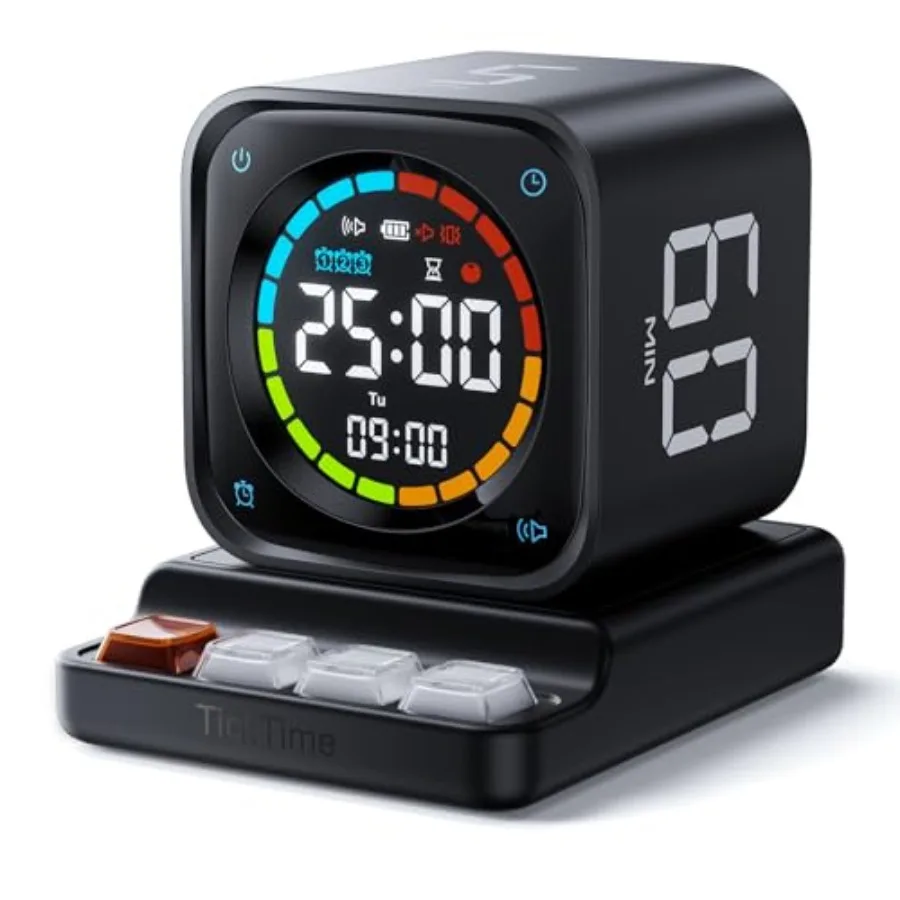 TK3 Pomodoro Timer Cube, Desk Productivity Timer with 5/10/30/60 Min Presets, Custom Countdown, Stopwatch, Clock, 3 Alarm, Sile