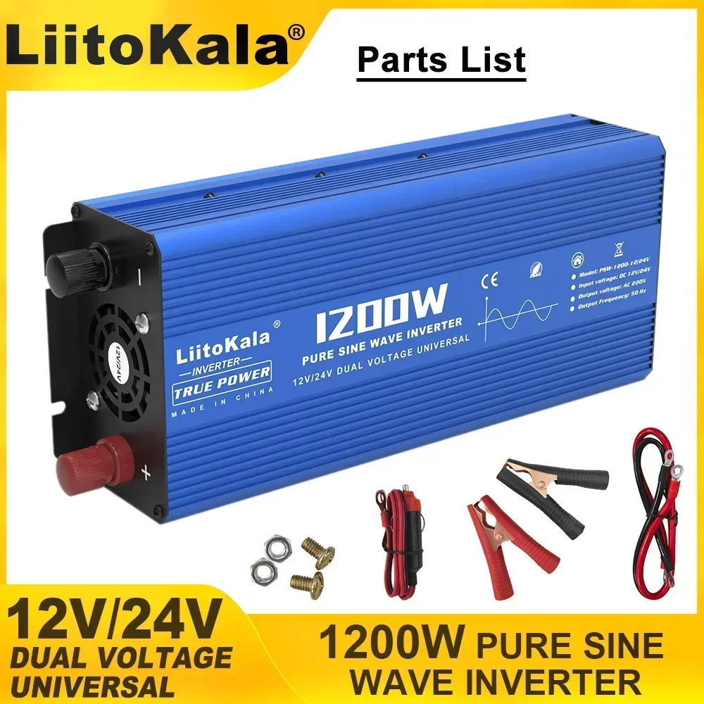 LiitoKala New12V/24V 1200W Inverter Pure Sine Wave 220V USB Output Power 2400W for Automotive Energy Storage Solar Cell Inverter