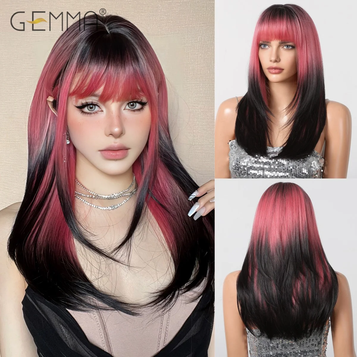 

GEMMA Pink Black Long Straight Cosplay Wig Synthetic Layered Women's Wig with Bangs Heat Resistant Party Lolita Natural Hair