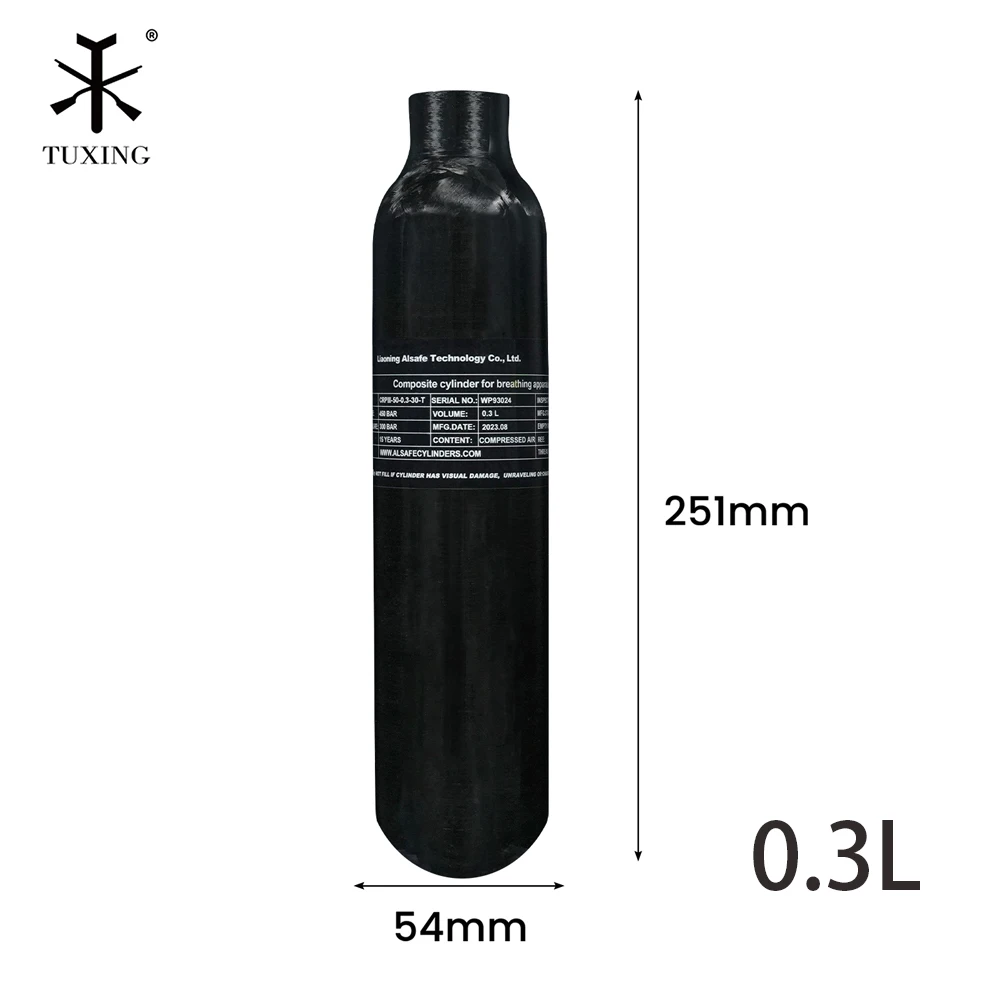 TUXING 300Bar 0.3L 300cc Glossy Carbon Fiber Cylinder 4500Psi High Pressure HPA Tank for Mini Diving Scuba M18*1.5