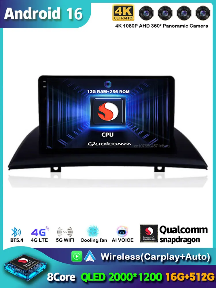 Android 16 Carplay Auto do BMW X3 E83 2004 - 2012 Radio Samochodowe GPS Odtwarzacz Multimedialny Stereo Kamera 360 Nawigacja Video Sterowanie Głosowe AI — 2