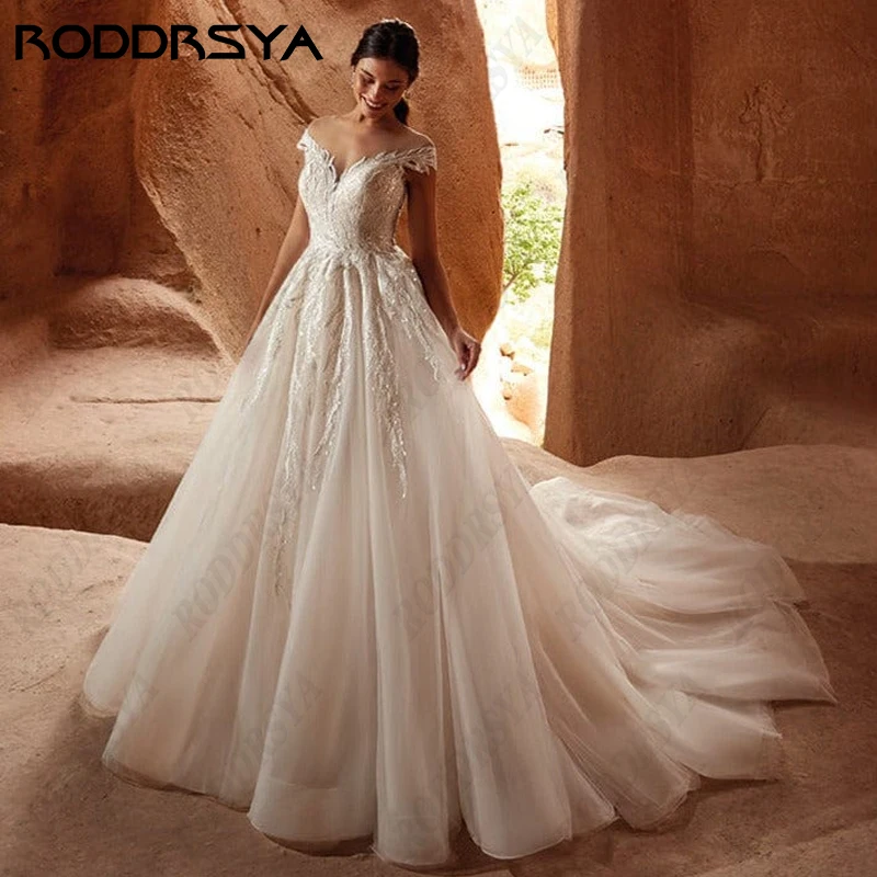 

RODDRSYA Scoop-Neck Lace Wedding Dress For Women Illusion Backless A-Line Bridal Gown Cap Sleeve Beach Bride Party Robe De Soiré