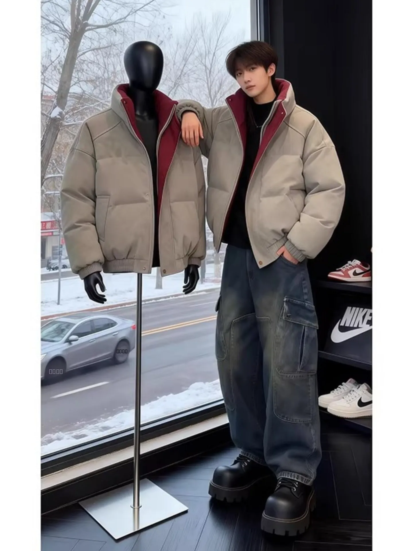 

Retro American Dyed down Cotton Jacket Men's Winter Short Wide Slimming Non-Puffy Bread PU Leather Stand Collar Cotton Coat