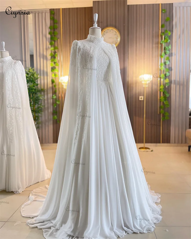 Ciynsia Luxury Long Sleeves Arabic Muslim A-Line Wedding Gowns Beading Chiffon Bride Dress with Cape Vestidos De Novia 2024