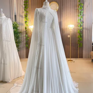 Arabisch-Tuy-Ciynsia Line Perlen-Brautkleider, Chiffon-Hochzeitskleid mit Cover, lange Ärmel, Luxus, 2024 11 Hauptverkaufskleid für Verlobungschiffon - №12