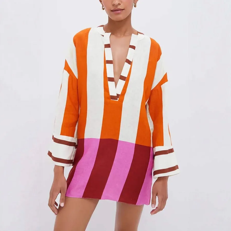 Autumn Winter Women Linen Material Mini Dresses Print Sexy V-neck Hollow Out Long Sleeves Robeson Beach Party Female Dresses - Image 2