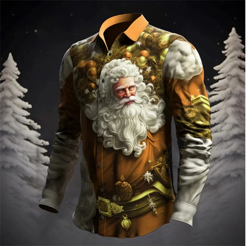 Santa Claus Christmas Tree Casual Men\'s Shirt Christmas Autumn and Winter Long Sleeve XS-6XL Four-way Stretch Fabric Shirt