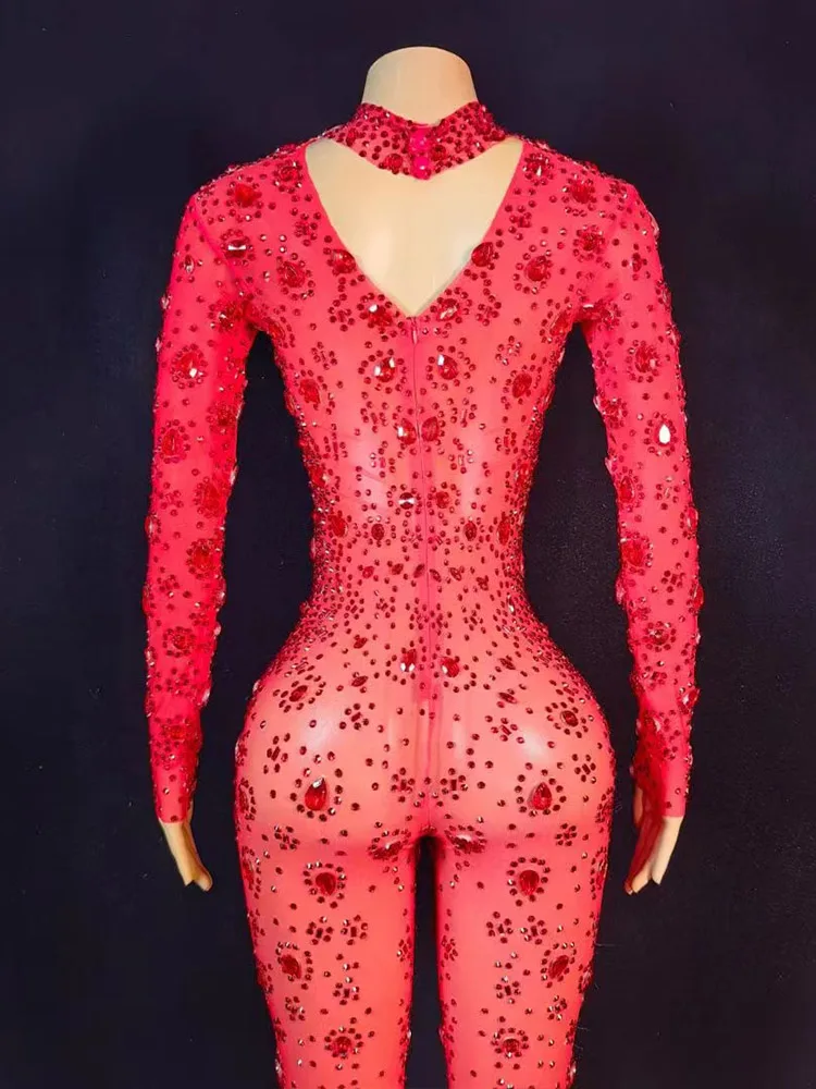 High Quality Hot Diamond Elastic Red Jumpsuit 2024 New Fashion Custom Women'S Clothing