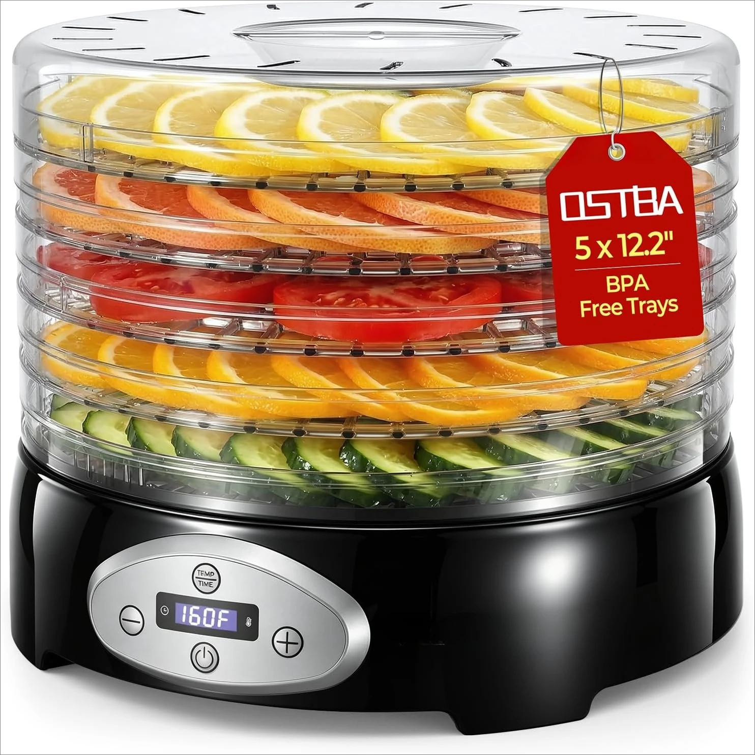 Food Dehydrator, 5 BPA-Free Trays, Adjustable Temp, 48H Timer, 420W