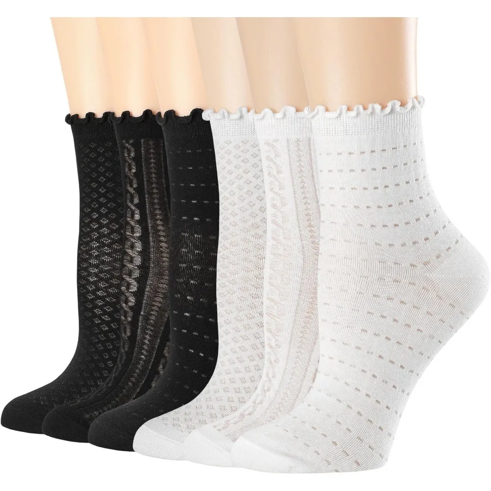 

Женские носки с рюшами, сетчатые повседневные кружевные хлопковые носки, летние ультратонкие крутые носки до щиколотки с оборками для женщин, 6 пар