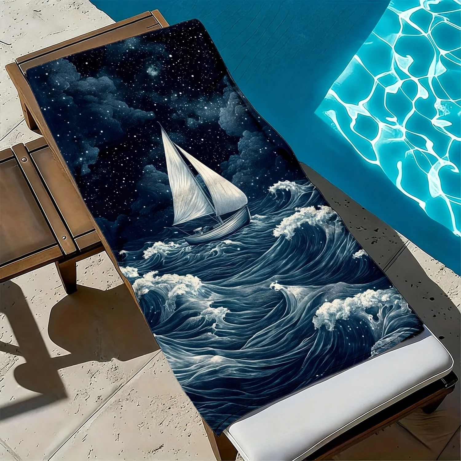 Sailing boat, starry sky, ocean waves polyester microfiber beach towel is highly absorbent, suitable for swimming beach outings