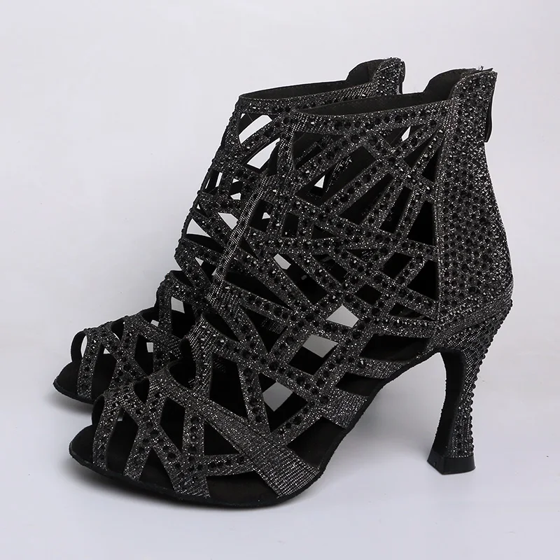 

Wedopus/женские блестящие черные блестящие танцевальные ботинки с открытым носком на каблуке, танцевальные ботинки на замшевой подошве, танцевальная обувь на молнии