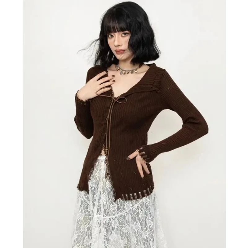 Elegant Women Long Sleeve Pullover Sexy Sweater 2025 Korean Style Slim Fit Knitted Top Lace-up Autumn Solid Knitwear Clothiing