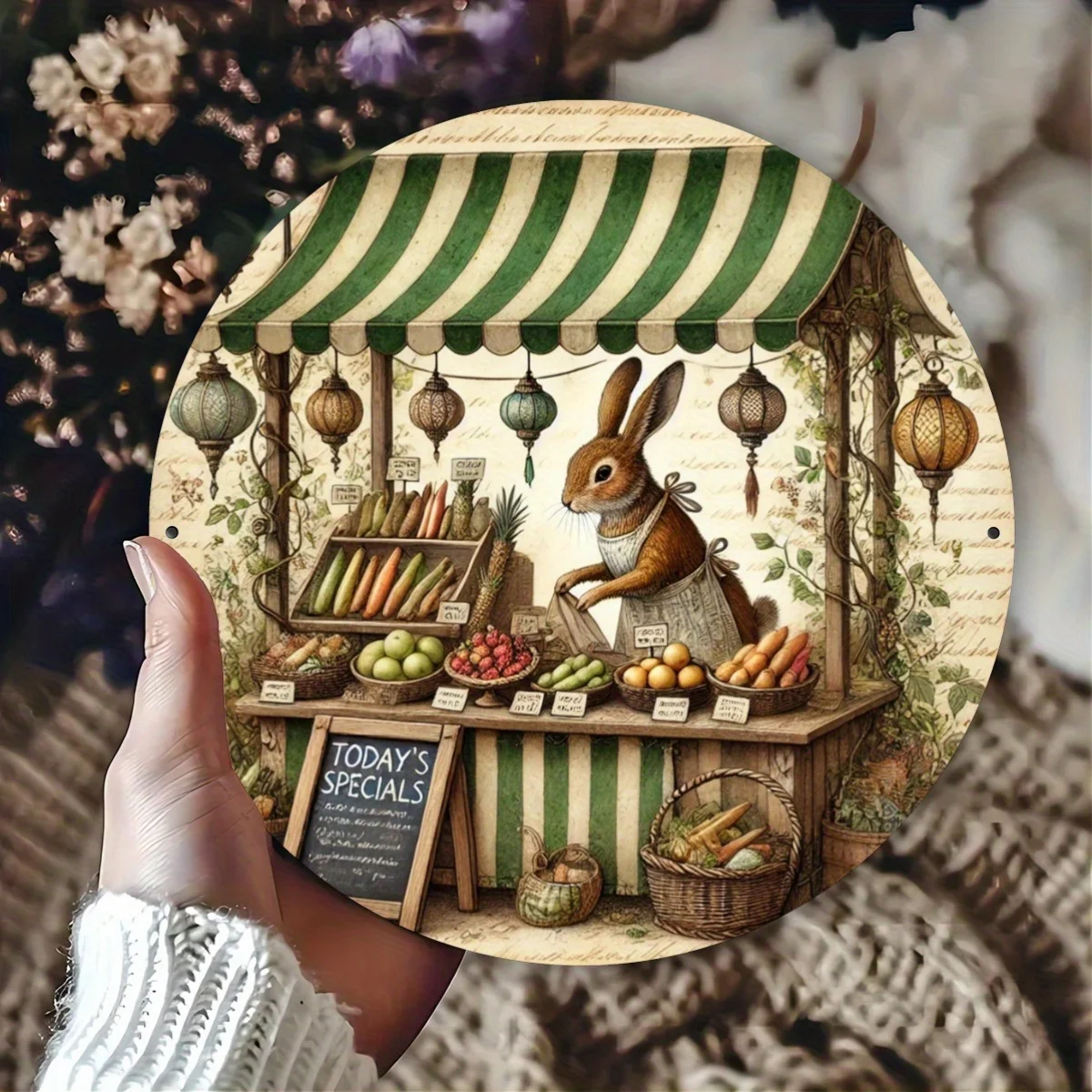 Whimsical Rabbit Fruit Stand Metal Sign Art - 7.8
