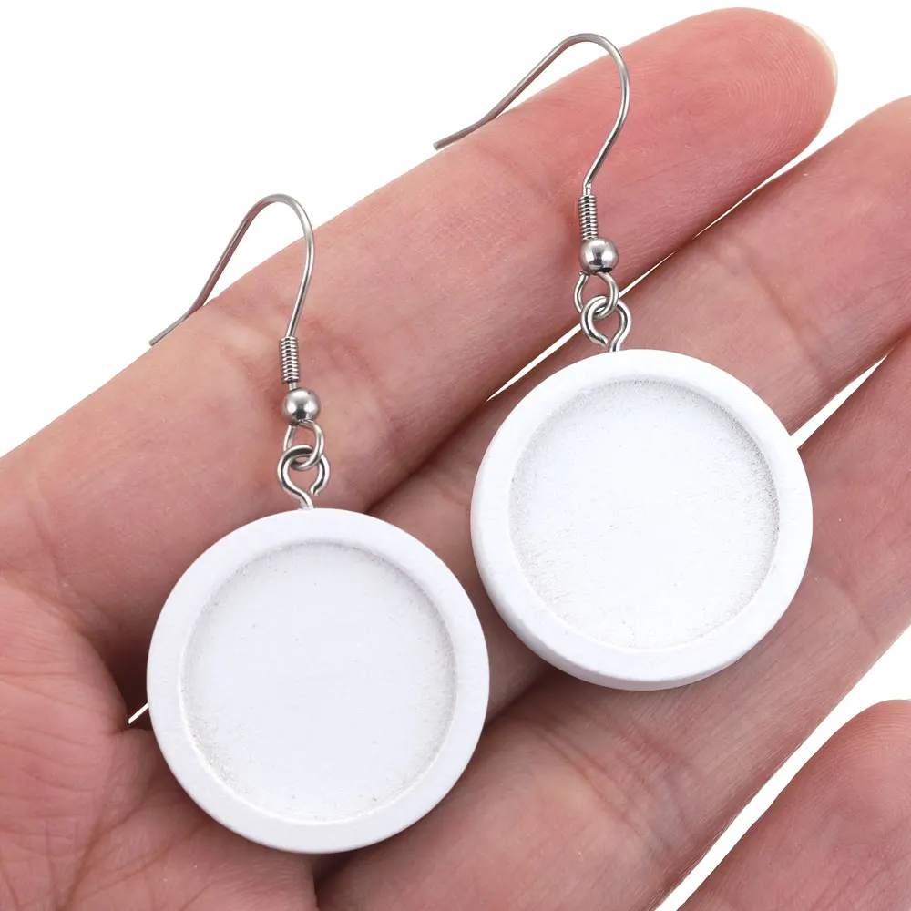 10pcs Wood Tray Bezel Cabochon Earring Hook Blank Setting Round Pendant Ear Base Findings For DIY Glass Cameo Jewelry Making