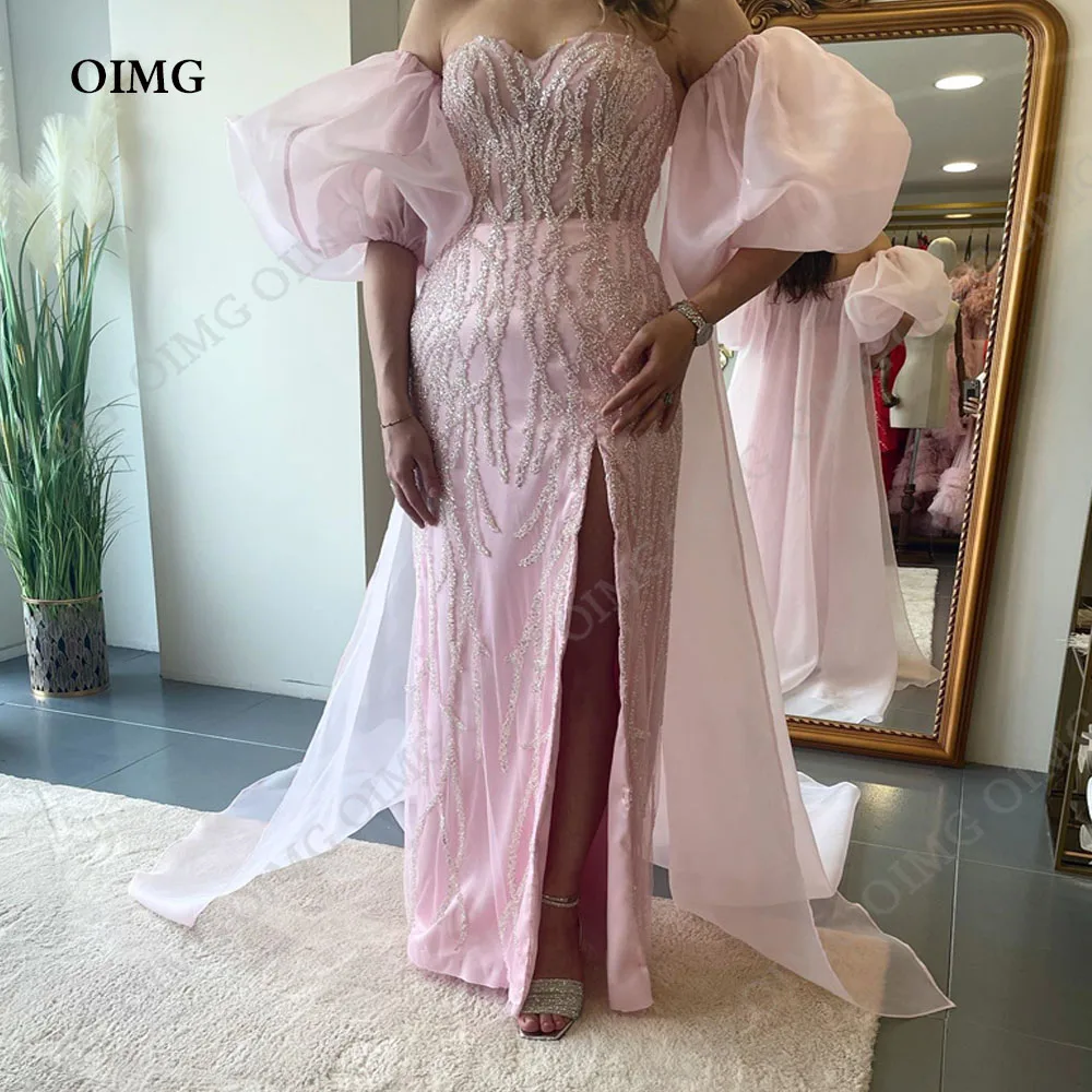 OIMG Pink Satin Long Slit Prom Dresses Sweetheart Shiny Sequins Short Sleeves Beads Pink Plus Size Evening Gowns Dubai Women