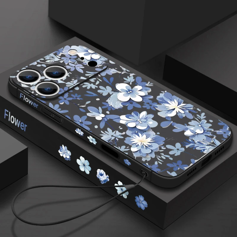 Phone Case For iPhone 17 Pro Max Blue and white Flower Pattern Lanyard Cover For Funda iPhone 16 Pro Max 15 14 13 12 11 16e Air