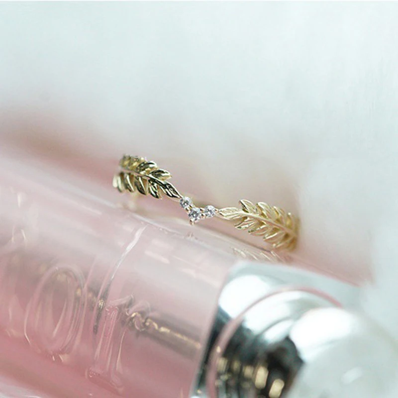 Leaves Straw Feather Rings For Women Elegant Style  Cubic Zirconia Yellow Gold Color Career Gift Fashion Jewelry KAR348