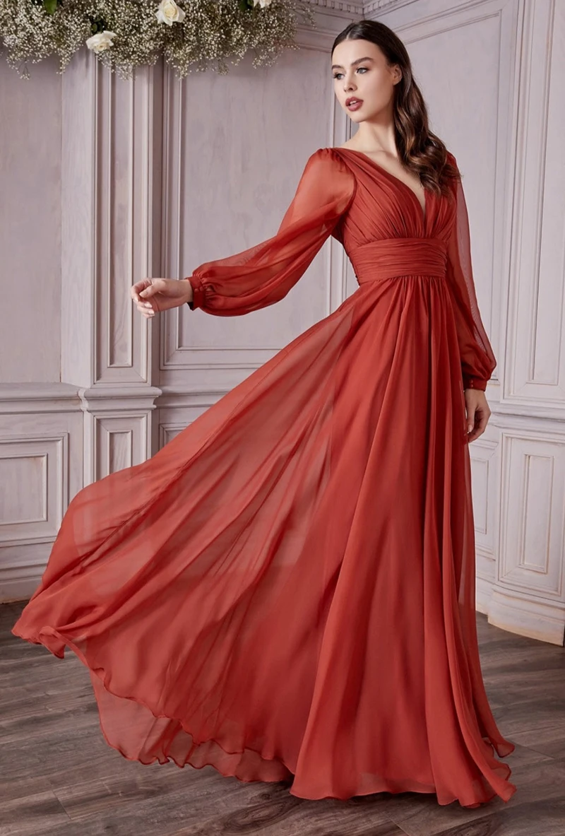 LoveDoris Pink Bridesmaid Dress Chiffon Long Sleeves Evening Dress V-Neck Satin Prom Dress Elegant A-Line Party Dress