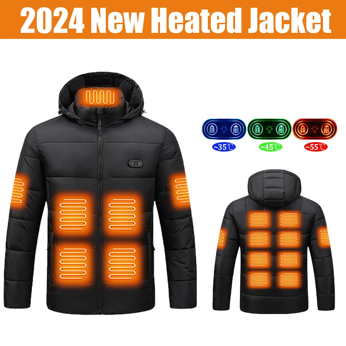 2024 New Heated Jacket, Winter Warm Outdoor USB Electric Heated Cotton Jacket with 15 Carbon Fiber Heating Pads