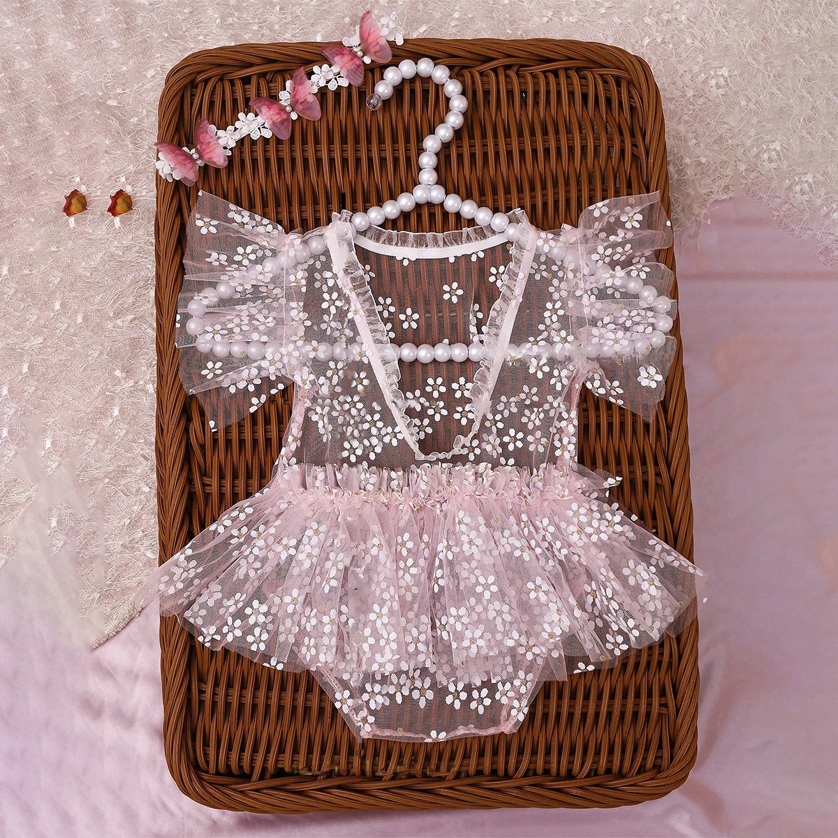 Ylsteed Newborn Girl Photography Outfits with Headband Baby Girl Butterfly Wings Mesh Dress for Photo Shooting Infant Props-HD
