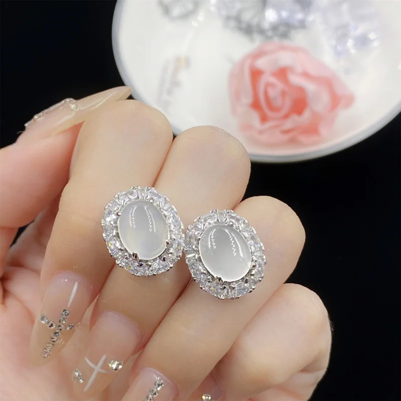 

Natural White Chalcedony Gray Agate Three-Piece Set Full Diamond Open Ring for Women Elegant Luxurious Pendant Earrings
