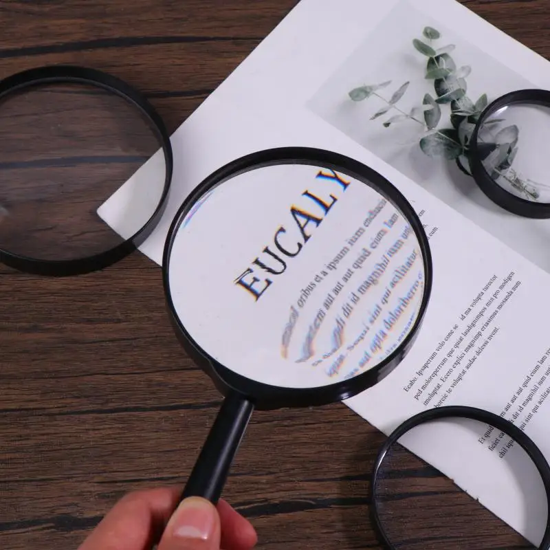 

40/50/60/75/90/100mm Hand Held 5X Plastic Magnifying Glass For Jewelry Reading Coins Stamps 5X Professional Magnifying Glass