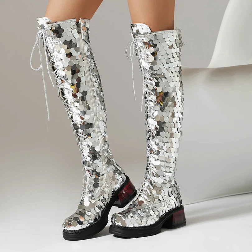 Plus Size Circular Sequins Cover The Upper With Cross Straps Zippers Women\'s Over The Knee Boots Wood Grain Thick Heel Long Boot