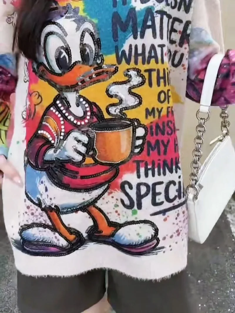 الكرتون طباعة طويلة الأكمام س الرقبة محبوك سترة للنساء الخريف بلوفر شتوي فضفاض المتضخم التخسيس تريكو ملابس خارجية