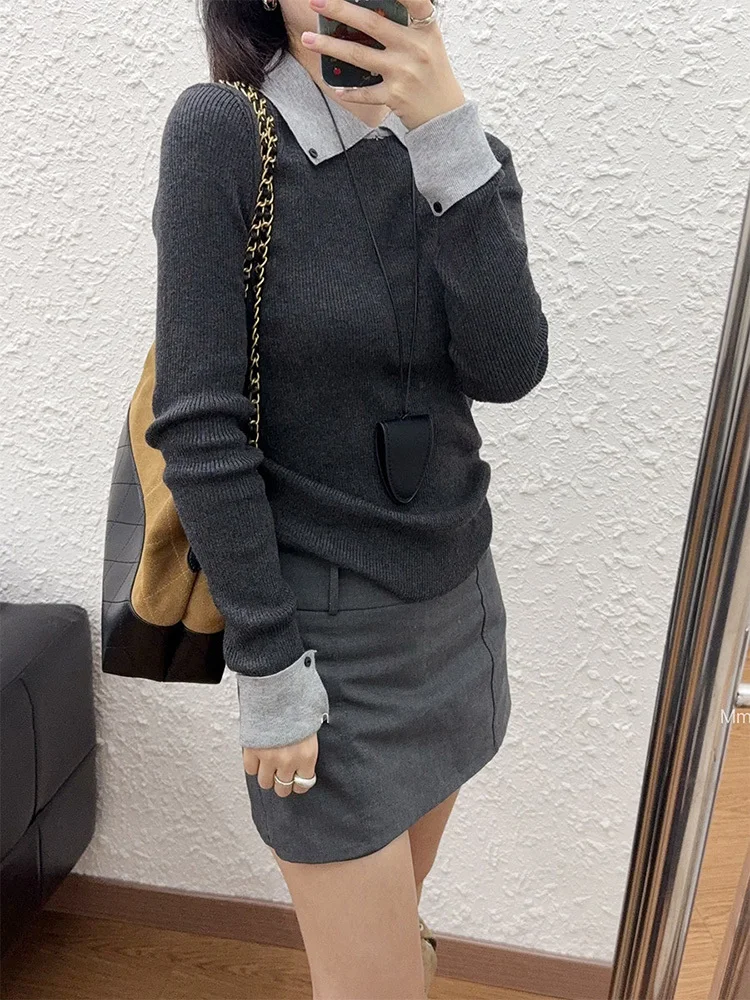 Color-Block Polo Collar Knitted Sweater For Women Autumn Winter Slim Inner Layer Knitwear