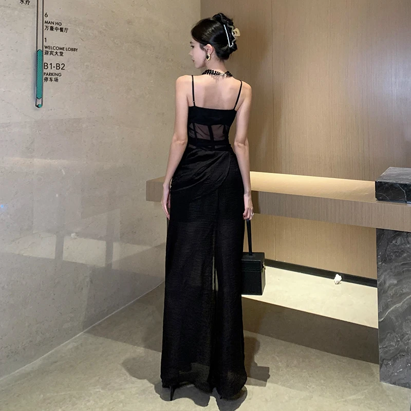 Elegante preto vestido comprido feminino, sem mangas, rachado, francês, sexy, aniversário, festa de noite, roupa feminina, verão, novo, moda, 2022