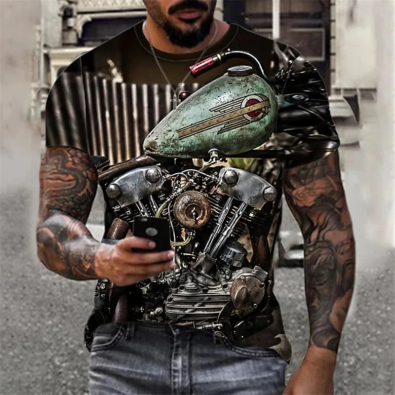 Men's Retro Motorcycle Printed T-shirt 3d Printed Cyberpunk Short Sleeve Oversized Mechanical T-shirt Sports Leisure Outdoor Top