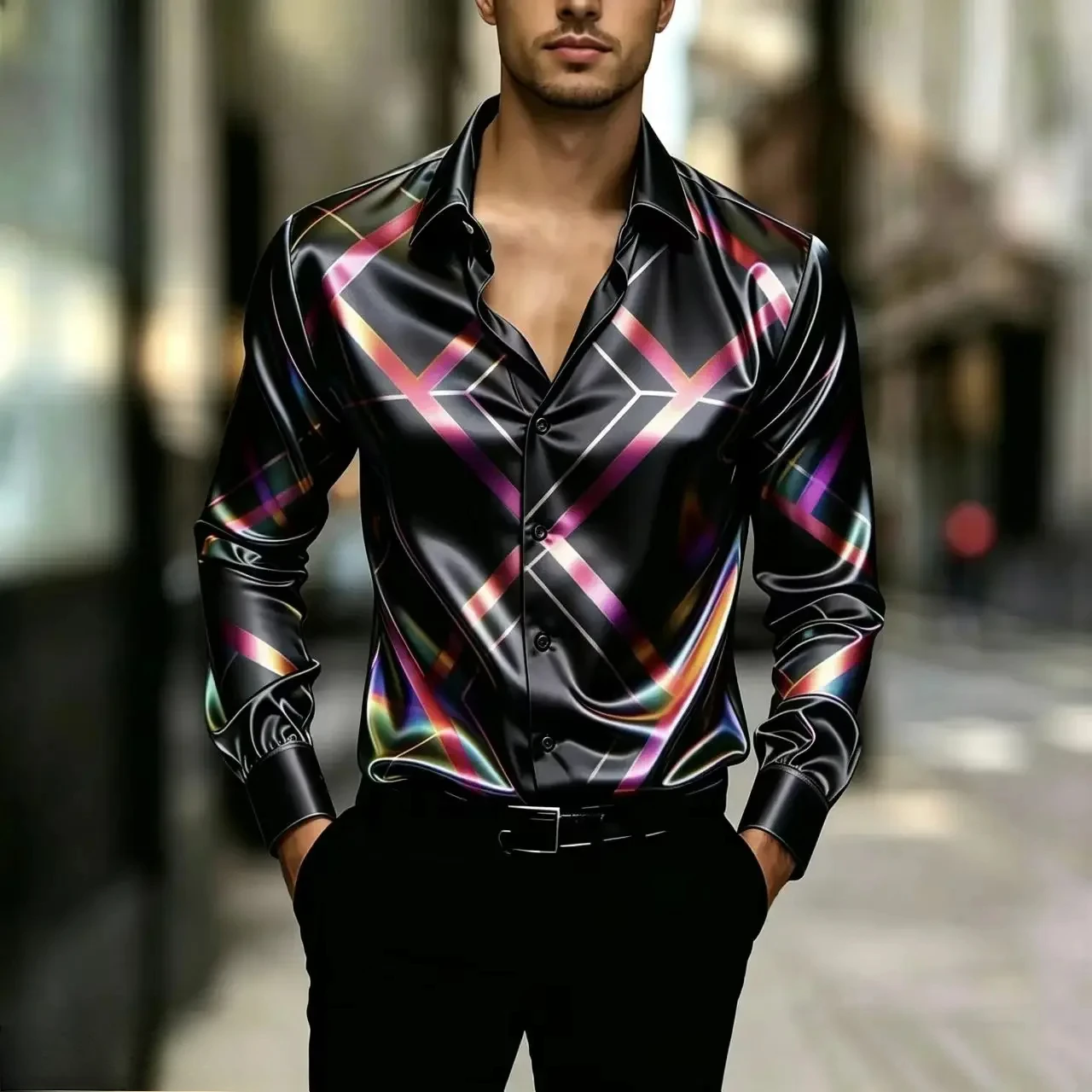 Men's Long-Sleeved Shirt Luxurious Irregular Striped Printed Nightclub Party Dress Shirt Casual Fashion Button Top