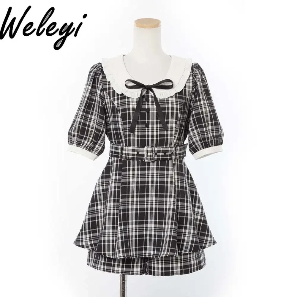 Summer Lolita Plaid Dress Suit Sweet Round Neck Slim Short Sleeve Tops Female Japanese Bow Wooden Ear Shorts Suits Two-Piece Set